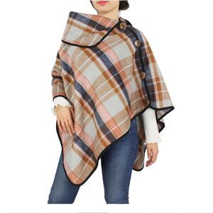 Brand new‎ with Tags LIB NY Classic Plaid Poncho Cape with Coconut Buttons OS